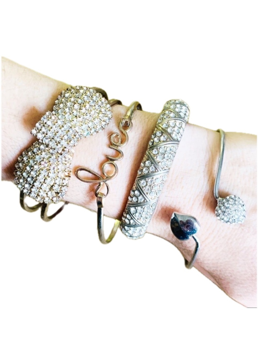 Vintage Rhinestone Bracelet Bundle 4pc Bow Bangle Love Script Heart Gold Silver